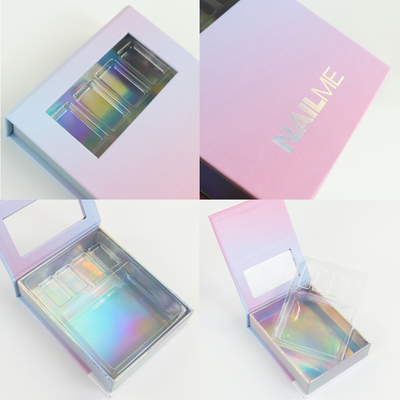 Magnetic clamshell gift box Cosmetic Nail Art box Custom printed holographic effect box with transparent window box